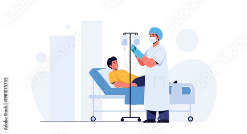 Doctor Administering IV Drip to Patient in Hospital Bed, Healthcare Illustration