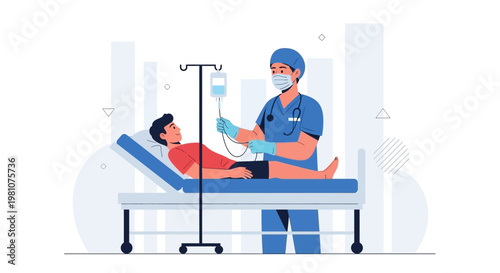 Doctor Administering IV Drip to Patient in Hospital Bed