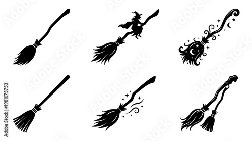 broomstick silhouette vector set