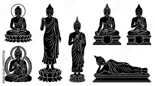 buddha statue silhouette vector set