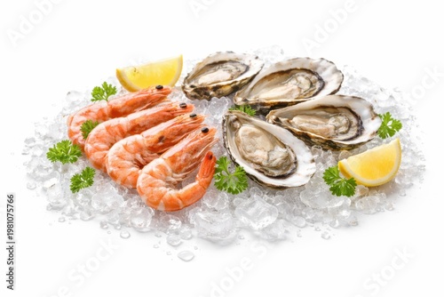 Fresh prawns and oysters with lemon slices and parsley on crushed ice over a white background.