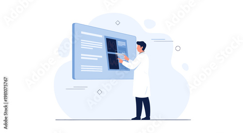 Doctor analyzing medical data on a large screen, science and technology concept