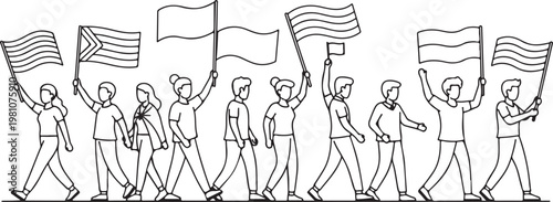 People Protest March with Flags Crowd Demonstration Social Movement Concept Minimal Line Vector Illustration