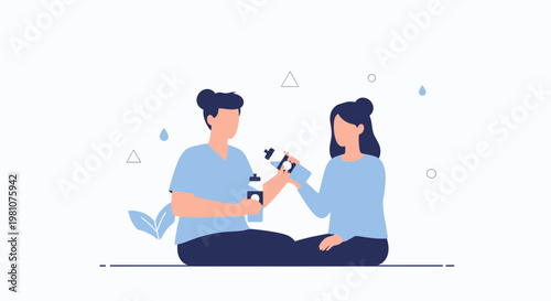 Two friends relaxing with water bottles after exercise, healthy lifestyle, flat illustration