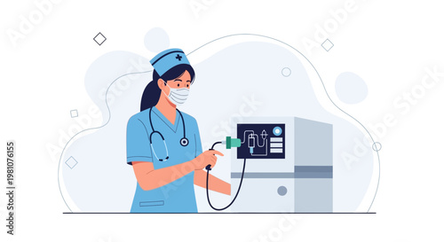 Nurse in Medical Mask Operating Ventilator Machine, Healthcare Concept
