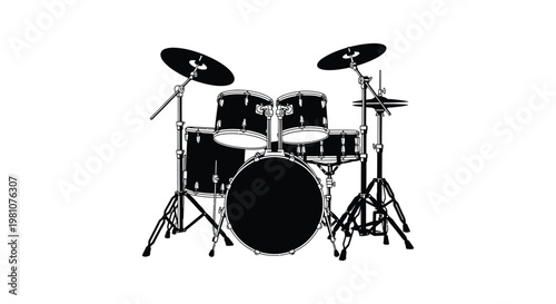 Black and white illustration of a full drum kit in stark silhouette