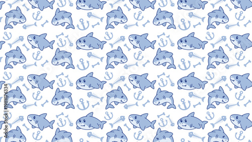 Blue cartoon sharks swim happily on white background. Each shark has friendly eyes and playful expressions. Tiny anchors and bones add nautical charm to the pattern. Perfect for kids' books