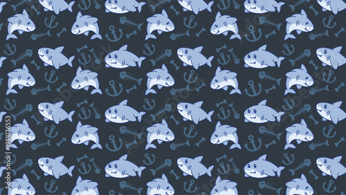 Blue sharks float calmly through the sea. Gray anchors and bones decorate the pattern. Kids might love this playful ocean scene. Perfect for children's books or bath time themes