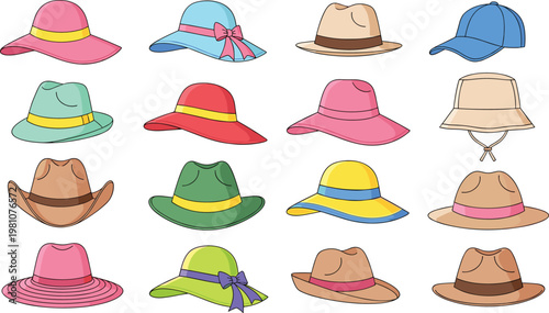Large Collection of Fashionable Vector Hat Illustrations Featuring Various Styles Including Summer Sun Hats Cowboy Hats Baseball Caps and Fedoras for Apparel and Lifestyle Graphic Design
