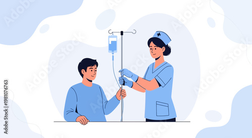 Nurse Administering IV Drip to Patient in Hospital, Medical Care Concept