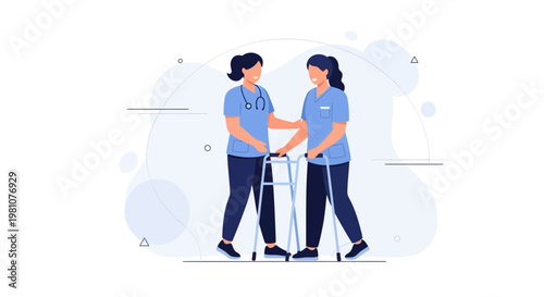 Nurse assisting patient with walker, rehabilitation, physical therapy, healthcare concept