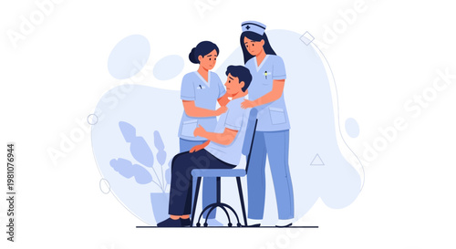 Nurses Caring for Patient in Chair, Medical Support and Healthcare Concept