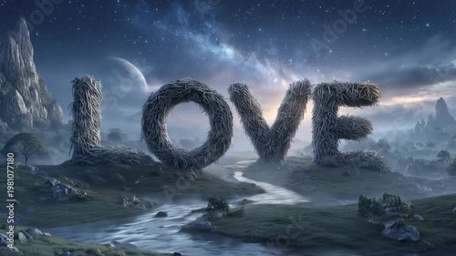 Giant love landscape in serene nature captured with soft wind floating particles and a dreamy environment