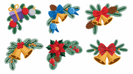 A set of six decorative Christmas corner elements featuring festive holiday botanical motifs