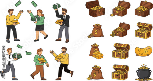 Business Success and Treasure Vector Set Featuring People Celebrating with Money, Open Gold Chests, Overflowing Wealth Sacks, and Magic Cauldron