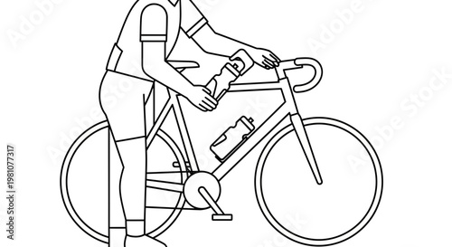 Cyclist Placing Water Bottle on Road Bike Outline Illustration