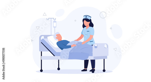 Nurse caring for elderly patient in hospital bed with IV drip