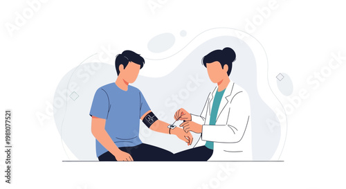 Doctor checking patient's blood pressure with a cuff, healthcare concept illustration