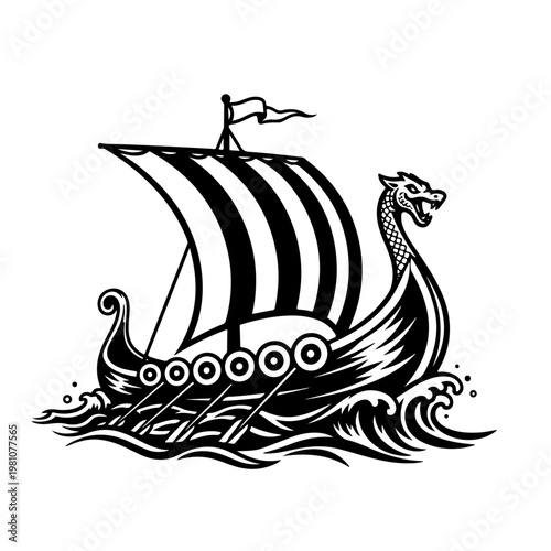 Powerful Viking longship with dragon head and striped sail sailing on ocean waves in black and white graphic illustration style for historical theme adventure and Nordic mythology tattoo design.