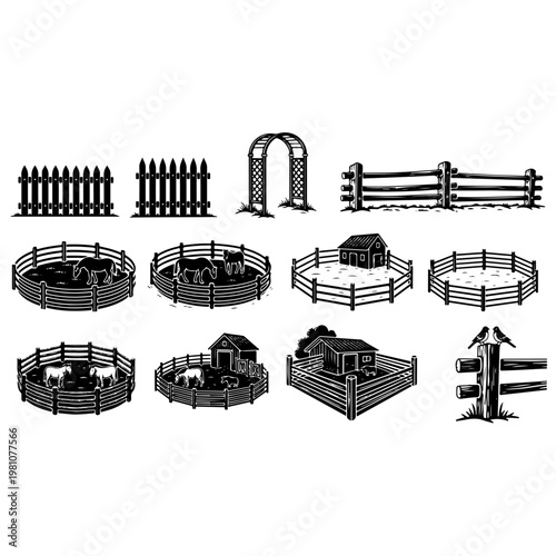 Collection of wooden fence icons and farm animal pens with barn house in black and white silhouette style for agriculture rural lifestyle and garden architecture design elements vector graphics.