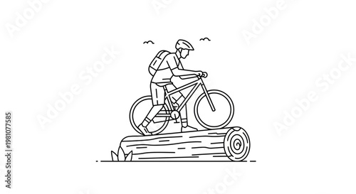 Mountain Biker Lifting Bike Over Log Obstacle Line Art