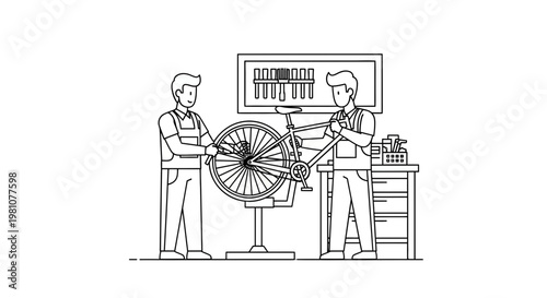 Bicycle repair service and wheel alignment line art illustration