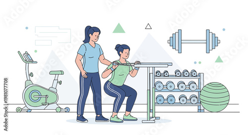 Personal Trainer guiding woman doing squats with barbell in gym, fitness equipment background
