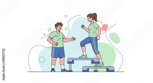 Personal Trainer Guiding Woman in Step Aerobics Workout on Fitness Stepper