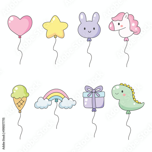 Cute balloons doodle in various shape like star, love, dinosaur, unicorn, bunny. Adorable balloon collection set in hand drawn vector isolated cartoon for birthday, asset, design, party, greeting card