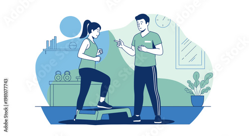Personal Trainer Guiding Woman Step Aerobics Exercise at Home Gym