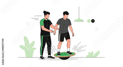 Personal trainer helping man balance on a wobble board for physical therapy and fitness