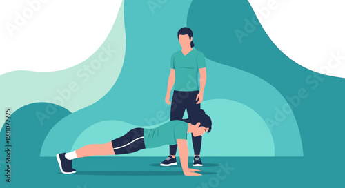 Personal Trainer Supervising Push-ups Exercise, Fitness Training Session