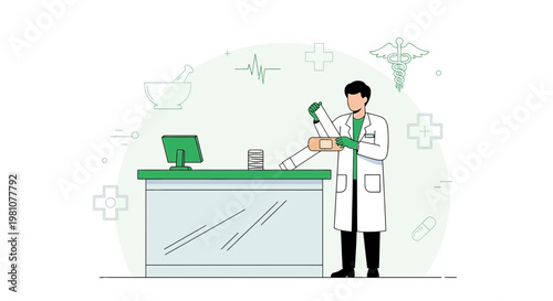 Pharmacist Administering Injection at Pharmacy Counter with Medical Icons