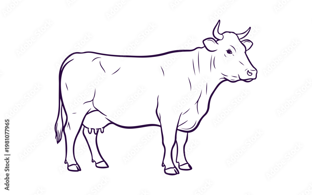 Fototapeta premium Cow line art illustration in a simple hand-drawn style.