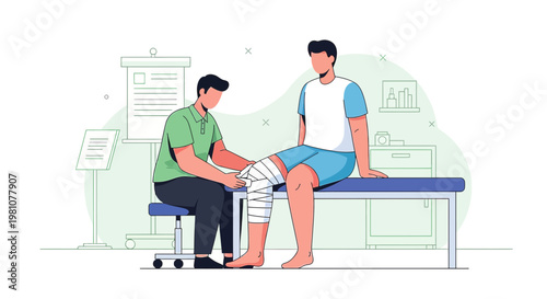 Physical Therapist Applying Bandage to Patient's Injured Knee in Clinic