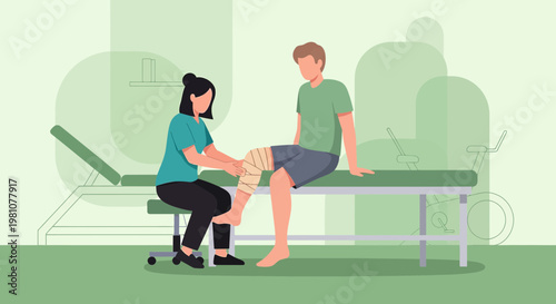 Physical therapist applying bandage to patient's knee during rehabilitation session
