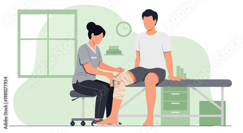 Physical therapist applying bandage to patient's knee in clinic