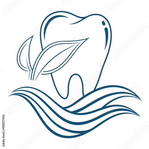Natural tooth outline with green leaves and blue wave lines for organic dental