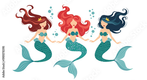 Trio of beautiful mermaids with long flowing hair in shades of red and dark blue swimming together in an underwater fantasy scene.