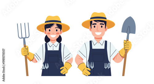Cheerful illustration of a male and female gardener wearing hats and overalls holding a pitchfork and a shovel for garden projects.