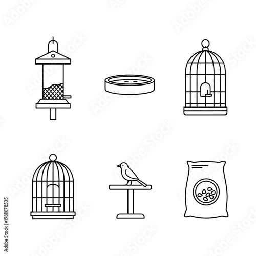 Bird feeder cages and bird food bag set design elements