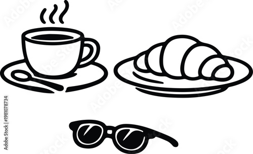 cafe breakfast line illustration coffee cup croissant and sunglasses lifestyle icon vector illustration