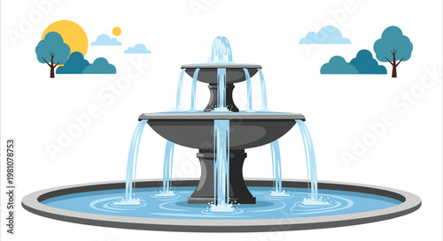 Elegant three-tier stone fountain features cascading water streams in a serene park setting with trees and blue clouds.