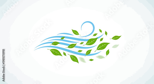 Leaves and blue swirling wind motion.
