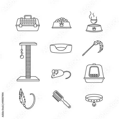 Cat accessories icon set travel carrier food bowl and play toys