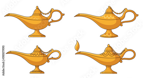 Selection of four golden magic genie lamps in different decorative styles includes one lamp with a small burning flame.