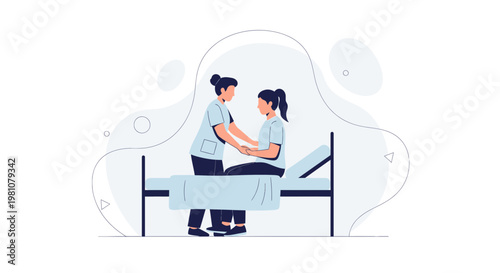 Nurse comforting patient sitting on hospital bed, medical care, healthcare illustration