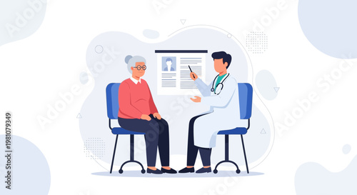 Doctor consulting elderly patient, medical check-up, healthcare, doctor's office illustration