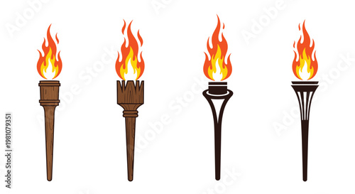 Assortment of four distinct torch designs with bright orange and red flames provides lighting and a primal aesthetic feel.