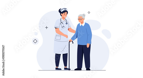 Nurse Helping Elderly Woman Walk with Cane, Healthcare Support